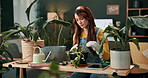 Woman, tablet and dead plant with workshop, study or gardening tutorial for botany presentation. Influencer, greenery and diy for home decor, green research and nature for eco friendly sustainability