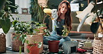 Pot, gardening and woman in home with plant, flower and fertilizer soil for growth, nutrition and health. Natural, leaves and gardener with tools for eco friendly, sustainable or organic living room