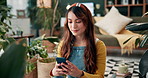 Happy, woman and smartphone with houseplants for interior decoration and furnishing new apartment. Female person or gardener and smile with mobile in portrait for online shopping and research