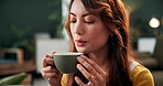 Coffee, drink and relax with woman on floor of living room in home for start of morning or weekend time off. Aroma, calm and cup with peaceful person in apartment to enjoy fresh caffeine smell