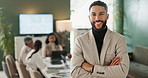 Happy, businessman and manger with arms crossed in portrait with team meeting background for leadership. Smile, male person or ceo in boardroom with employee group for pride, confidence and success