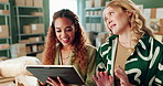 Tablet, logistics team and women in small business for discussion, brainstorming or check stock on app. Ecommerce, shipping and happy people planning delivery or online order of seller in startup