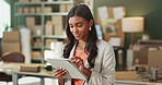 Small business, boxes or woman with tablet, typing or distribution with delivery, ecommerce or startup. Person, employee or entrepreneur with tech, logistics or export with service or company website