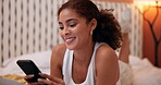 Relax, woman and cellphone in bed for social media, chat and networking online with contact. Tech, connection and happy girl with smartphone for text message, conversation and comfortable at home