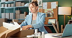 Woman, packaging and box for product shipping for online shopping order, ecommerce or logistics. Female person, small business and merchandise delivery for beauty supplier, export or supply chain