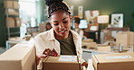 Box, checklist and documents for delivery with black woman in workshop to complete shipping order. Ecommerce, inventory or stock with employee in office for distribution or supply chain logistics