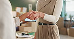 People, hand shake and deal or greeting with congratulations on business and opportunity. Meeting, thank you and success on partnership, agreement for teamwork and collaboration in dropshipping