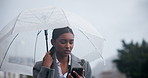 Indian woman, waiting and umbrella with phone for transport, business trip or commute to work in winter. Female person or employee on sidewalk in neighborhood with mobile smartphone for lift or delay