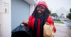 Outdoor, man and happy in house for food delivery, order and parcel or package for customer in Brazil. Portrait, employee and smile with bag of takeaway, dropshipping and ecommerce on online shopping