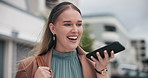 Outdoor, woman and happy with voice notes for social media conversation and chat in Germany. Female person, laugh and smile with audio or recording for networking, communication and voicemail message