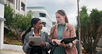 Business woman, team and walking with tablet in neighborhood for discussion about online service. Female person or employees talking with documents and technology for survey, data or results in city