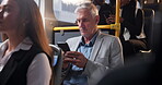 Bus, passenger and man in transport, phone and travel in morning, communication and traffic for CEO. Entrepreneur, mature person and traveller in vehicle for public, journey and location in New York