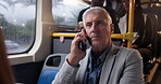 Bus, passenger and man with phone call, travel and talking in morning, communication and transport for CEO. Entrepreneur, mature person and vehicle for public, journey and anxiety in New York city