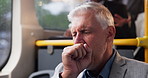 Neck pain, yawning and mature businessman in bus with winter commute burnout, crisis or rain risk stress. Metro, public transport or tired entrepreneur on train with mental health, anxiety or mistake