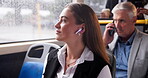 Business woman, bus and earbuds in morning for travel, commute and drive with music in the city. Female person, transport and headphones for tourism, journey and urban location with audio in New York