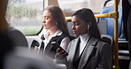 Businesswomen, cellphone and bus travel or transport to urban city for corporate professional, traffic or downtown. Female people, smartphone and earphones for music listening, podcast or commuting