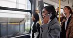 Woman, phone call and bus travel or business commute on public transportation for traffic delay, networking or corporate. Indian person, cellphone and talking or downtown trip, late or conversation