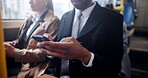 Business, man and phone on bus with communication for mobile chat, text message and morning commute in city. Hands, professional and smartphone for travel with online research and transport schedule 