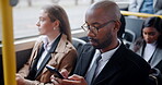 Business, man and phone on bus with text message for mobile chat, communication and morning commute in city. African person, professional and smartphone for travel with research or transport schedule