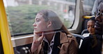 Woman, bus and window thinking for travel journey in city as corporate intern, public transportation or downtown. Female person, passenger and urban service in Boston for future, planning or thoughts