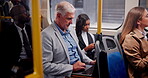 Business, man and laptop on bus for internet with typing, online research and morning commute in city. Mature person, professional and tech for travel with communication, work deadline and networking