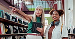 Tablet, help and woman with student in library for question, information or direction of book. Student, communication and mature librarian with point in store for customer support, location or advice