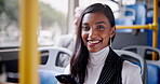 Business, woman and face and bus commute with smile on public transport, corporate or downtown. Female person, portrait and metro traffic for city travel as law intern in Boston, journey or urban