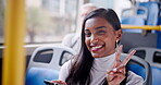 Indian woman, smile and peace in portrait on bus as copywriter to commute for work or job interview. Female person, gen z and happy with confident for job or career growth in public transport