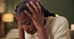 Black girl, thinking and sad or tired in home for academic pressure, self esteem or anxiety and depression of break up. Woman, fatigue and burnout of school or unhappy of broken heart and stressed.