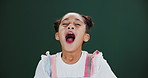 Tired, child and girl yawn in studio with fatigue on dark background, mockup and space. Sleepy, kid and portrait with lazy low energy from boring school, class or adhd student with gesture for rest 