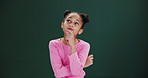 Girl, thinking and child with ideas in studio, dark background and remember info in education mockup. Learning, knowledge and kid brainstorming with creative inspiration in school for problem solving