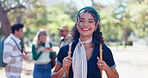 College, smile and face of woman on campus with backpack for education, learning or knowledge. Bokeh, portrait and happy student for fashion scholarship, studying or academic growth at university