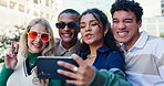 Friends, happy and outdoor selfie for memories on holiday, fun and break in Spain. Diversity, laugh and smile in summer vacation for adventure, travel and trip to relax with street style and swag