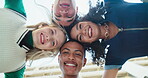 Huddle, support and happy students in university for education, community or study group on campus. Low angle, diversity and school friends with smile for solidarity, unity or planning assignment