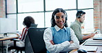 Happy woman, consultant and call center with confidence for customer service, support or telemarketing at office. Portrait of female person or friendly agent with smile for online advice or help