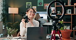 Woman, cellphone and influencer recording for camera tutorial for photography, editing or production. Female person, talking and ring light as content creator for live streaming, broadcast or vlog