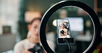 Woman, cellphone and influencer recording as tutorial or camera production or tips, photography or vlogging. Female person, content creator and live streaming or editing advice, creative or broadcast