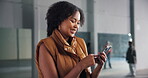 Smile, black woman and mobile phone on campus for social media, communication or scroll internet. Connectivity, dance student and gen z girl with smartphone for chat online, texting or search app