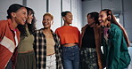 Laughing, friends and group talking in studio at dance class, smile and bonding together on break. Happy women, girl team and funny conversation at club for fashion, hip hop or cool creative style