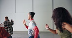 Dance, woman and studio for hip hop lesson, performance practice and movement together in rehearsal and speaking. Teaching, dancing and counting for beat, routine and support with friends or energy