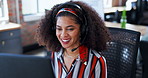 Happy woman, consultant and call center with headphones in customer service, telemarketing or tech support at office. Female person, employee or agent with smile on computer for online advice or help