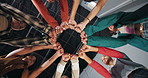 People, teamwork and fist bump in circle for support with trust, partnership and collaboration from below. Friends, hands  and emoji for solidarity with team building, goals and power with low angle