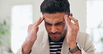 Businessman, hands and headache from work stress, anxiety or depression from overtime or burnout in office. Tired, male person with migraine, pain and exhaustion from work challenge for mental health