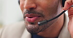 Closeup, talking and man with microphone in call center for career, smile or telecommunication. Office, business person or consultant for advice, support or answer questions for customer service