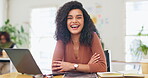 Business woman, laptop and portrait with laugh, office and notebook for creative writing, planning and schedule. Journalist, workplace and smile with article, agenda and web news for social network