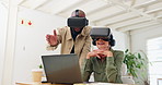 Happy, business people and virtual reality helmets in office for creative employees with innovative tech. Corporate team, smile and vr headset for web design, planning and futuristic software project