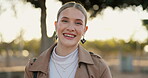 Happy, businesswoman and face with smile for morning commute to work for ambition in career. Confident, female person or entrepreneur and travel to office with vision for growth and lens flare