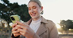 Cellphone, texting and woman outside for commute to work, sunrise and communication online. Smartphone, mobile or virtual conversation for travel, professional and social media or networking in road