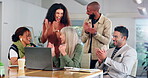 Applause, laptop and business people in office for promotion, success and support with smile. Teamwork, corporate and excited men and women clapping hands for celebration, collaboration and well done