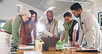 Collaboration, laptop and project management with business people meeting in office for discussion. Computer, planning or research with man and woman employee group in workplace for teamwork